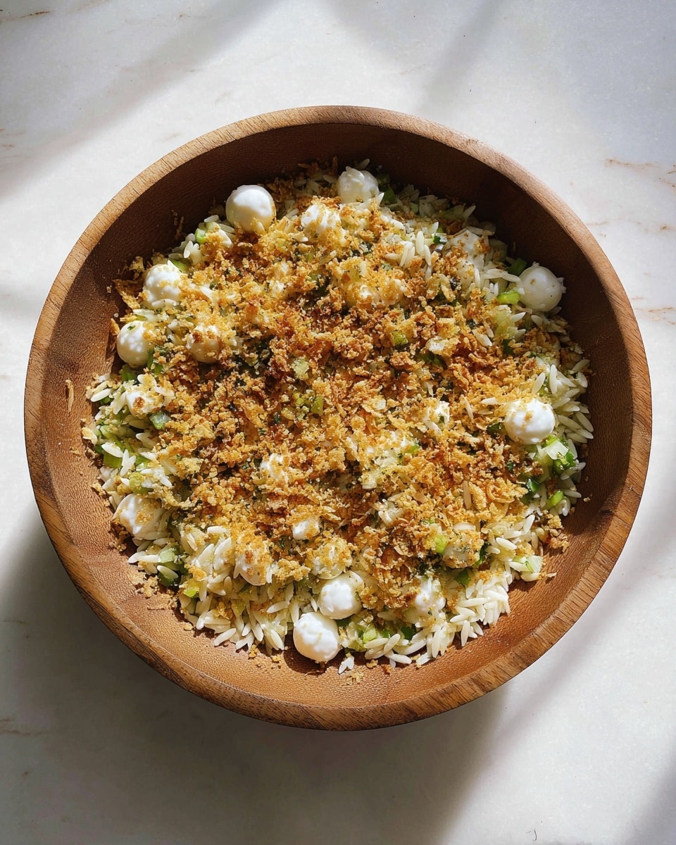 A wooden bowl filled with a layered dish starting with a base of white orzo pasta, topped with small white cheese balls evenly spread throughout. Scattered green chopped vegetables are mixed in, adding a fresh contrast. The final layer is a generous sprinkle of golden-brown crispy breadcrumbs covering most of the top. The bowl is set on a white marbled textured surface under natural light casting soft shadows. photo taken with an iphone --ar 4:5 --v 7