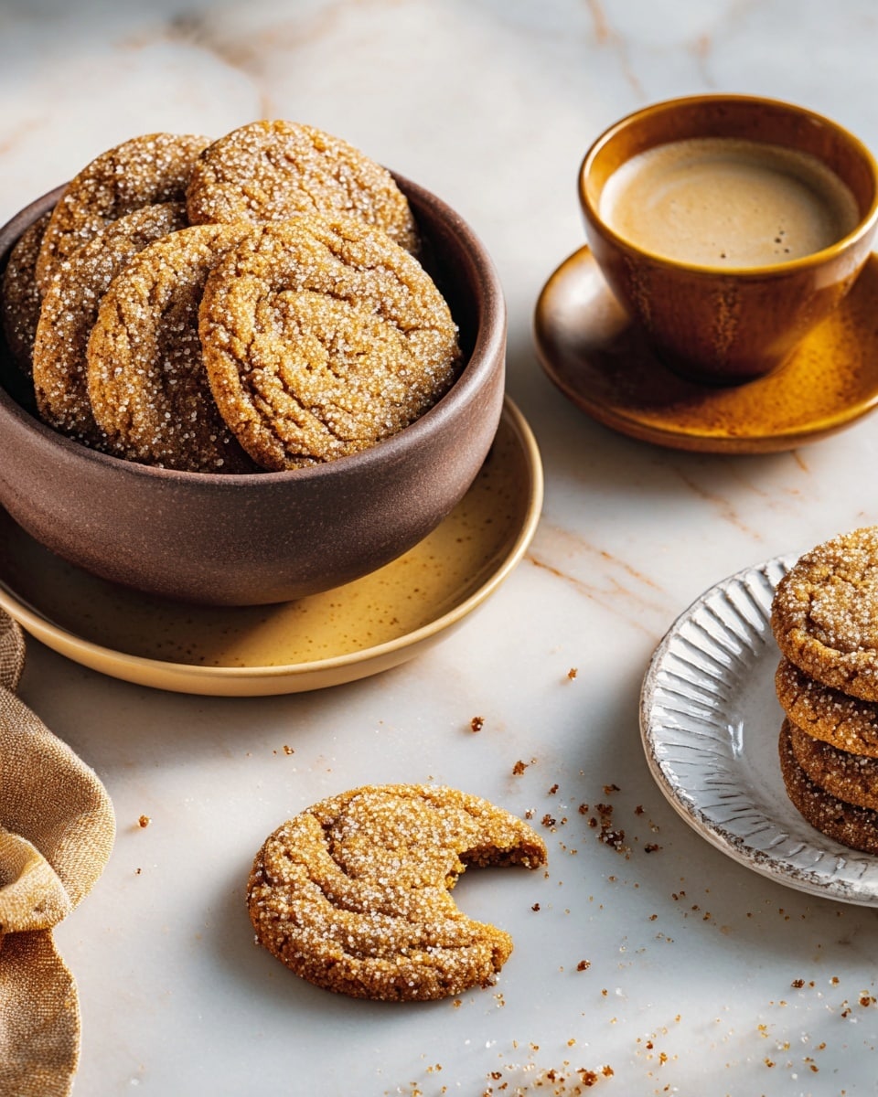 The image shows a group of thin, golden brown cookies with a sparkly sugar coating, some stacked inside a deep brown bowl with a lighter brown plate underneath, set on a white marbled surface. A single cookie with a bite taken out of it rests nearby, showing its slightly crunchy texture. There is a cup of coffee with light brown foam on top placed near the bowl, in a brown cup. A few cookies lie loose on the white marbled surface, one also placed partially on a small white plate. Photo taken with an iphone --ar 4:5 --v 7