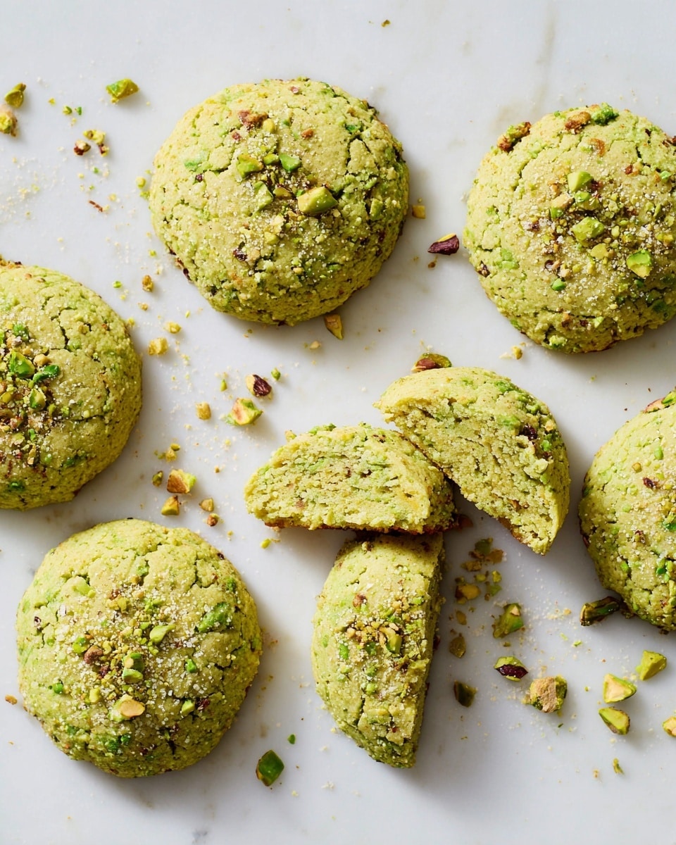 The image shows six round pistachio cookies arranged on a white marbled surface. Five cookies are whole with a cracked, rough, and green nutty texture on top, speckled with small pieces of chopped pistachio and a touch of coarse sugar flakes. The sixth cookie is broken in half, revealing a soft, dense, light green interior with visible nut bits. Crumbs and small pistachio fragments are scattered around the cookies, adding a natural, rustic feel. The lighting highlights the texture and color contrast perfectly. Photo taken with an iphone --ar 4:5 --v 7