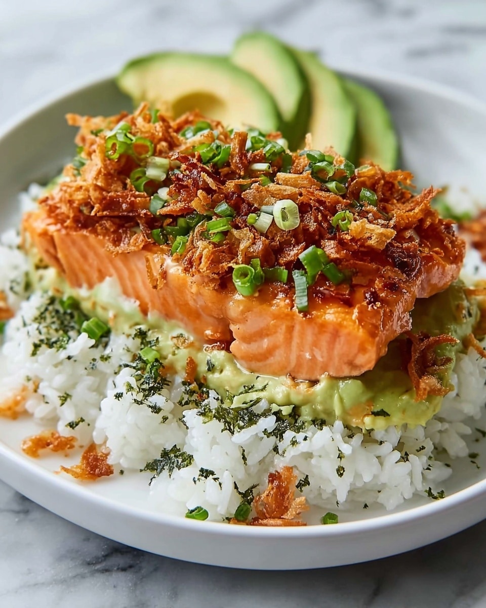 A white dish holds a layered salmon bowl, starting with a base of white rice sprinkled with green seaweed flakes. On top of the rice is a thick layer of creamy, light green avocado. Above the avocado sits a perfectly cooked piece of salmon with a bright orange-pink color and a flaky texture. The salmon is topped with crispy, golden-brown fried onions and chopped green herbs and scallions scattered evenly over it. A few slices of avocado with a smooth texture and light green shade are placed in the background. The dish is placed on a white marbled surface. photo taken with an iphone --ar 4:5 --v 7