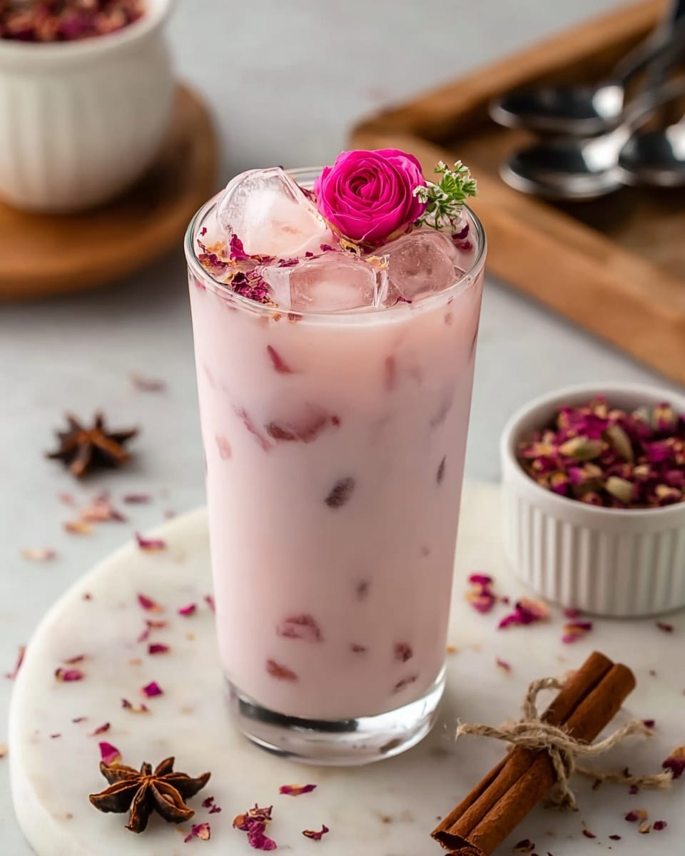 A tall clear glass filled with a light pink creamy drink that has small pieces of darker pink floating inside it. The drink is topped with several clear ice cubes, a small bright pink rose, and a few tiny green leaves and dark pink dried flower bits. The glass is placed on a white marbled surface with scattered small pink petals, star anise, and a couple of cinnamon sticks tied with a string nearby. In the background, there is a small white ramekin filled with dried rose petals and a wooden tray holding some more silver spoons. photo taken with an iphone --ar 4:5 --v 7