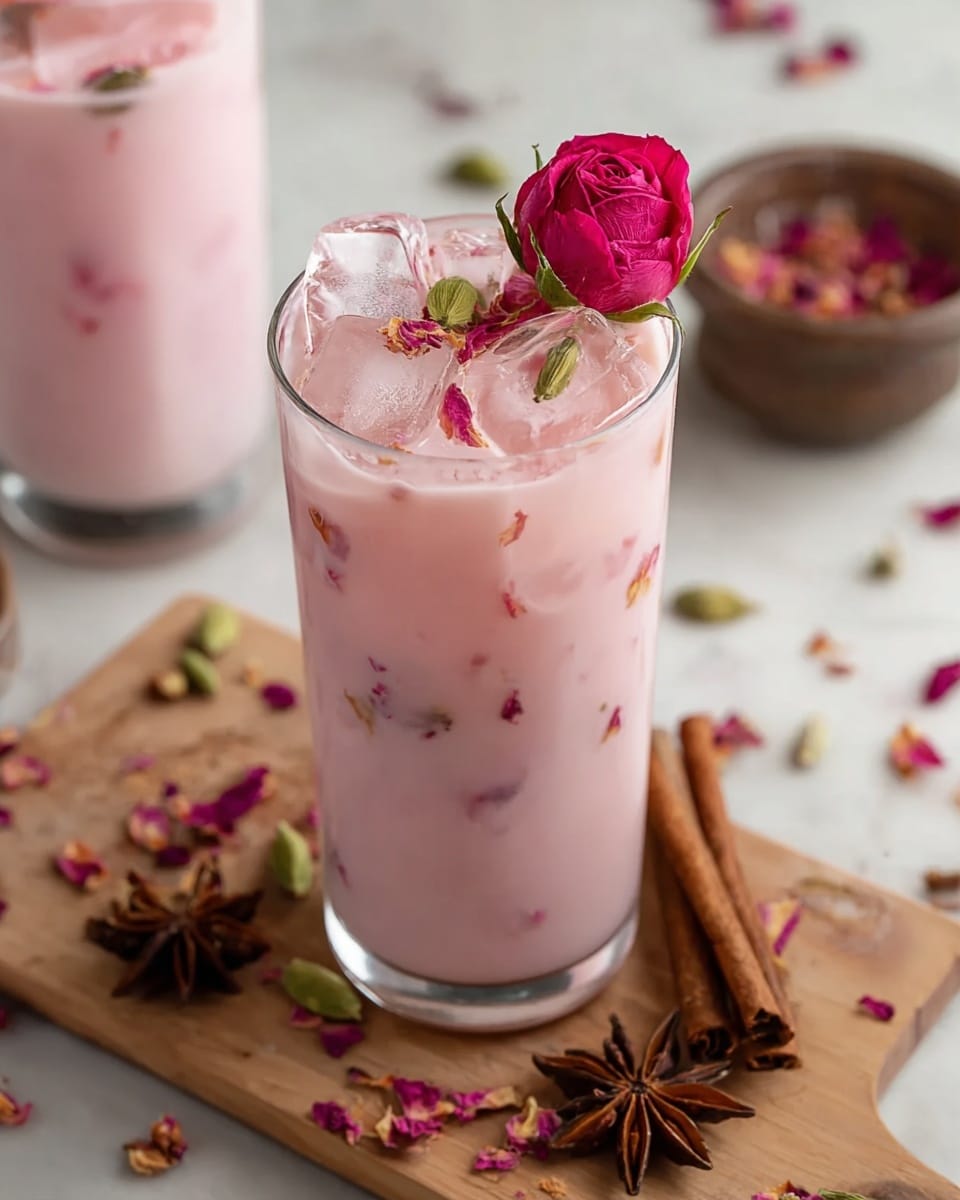 A tall clear glass filled with a light pink creamy drink, with visible small rose petal pieces mixed inside. The drink is topped with several clear ice cubes, a bright pink rose flower, a small green cardamom pod, and a tiny leaf resting on the surface. The glass is placed on a light wooden board with star anise, cinnamon sticks, and dried rose petals scattered around. In the background, there is another glass with the same pink drink. The whole scene is set on a white marbled surface. photo taken with an iphone --ar 4:5 --v 7