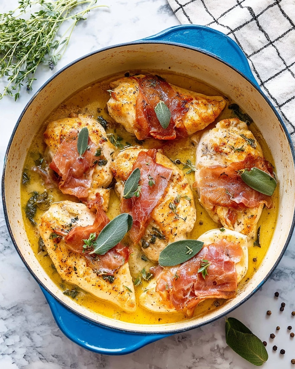 The image shows a blue cooking pot with five pieces of chicken breast inside, each topped with a crispy, thin layer of browned prosciutto. The chicken pieces are light golden in color with a moist texture, resting in a shallow, golden-yellow sauce. Scattered around the chicken are green sage leaves and freshly ground black pepper, adding pops of color and texture. The pot is placed on a white marbled surface with a folded white cloth that has a black grid pattern partially visible at the top right corner. Some loose black peppercorns and fresh green herbs are also on the surface near the pot. Photo taken with an iphone --ar 4:5 --v 7