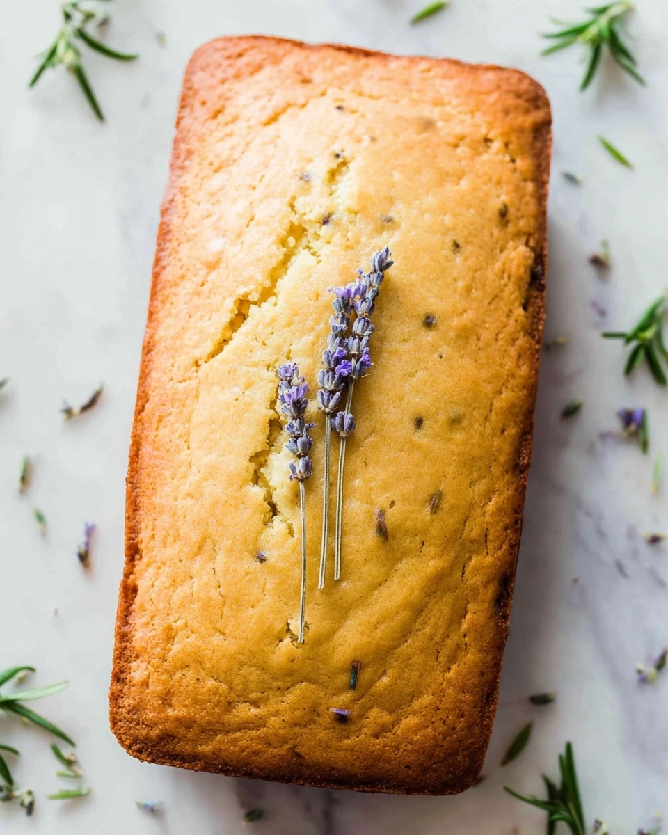 A rectangular loaf of light golden brown cake with a slightly cracked top is centered on a white marbled surface. The cake appears moist and soft, with a few small darker spots hinting at ingredients mixed inside. Two thin sprigs of dried lavender with small purple flowers lie gently on top, adding a delicate decorative touch. Around the cake, small fresh green rosemary sprigs are placed subtly, enhancing the natural and fresh look of the scene. photo taken with an iphone --ar 4:5 --v 7