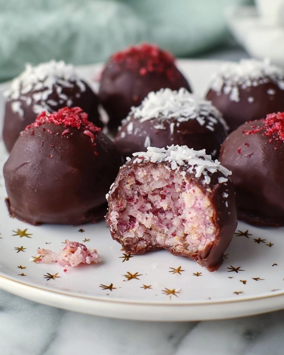 A close-up view of several round chocolate-coated truffles arranged on a white plate with small gold star designs; each truffle has a dark, smooth outer chocolate layer with some topped with white coconut flakes and others with red crushed bits. The front truffle is cut open, showing a dense, pink and white textured inside made of shredded coconut and a hint of red, with a piece fallen nearby. The white plate rests on a white marbled surface and the background is softly blurred with light green hues. photo taken with an iphone --ar 4:5 --v 7
