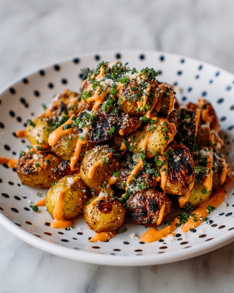 This dish is a close-up of small cooked potato pieces layered densely on a white plate with black dots. The potatoes have a mix of golden yellow and dark brown charred spots, showing a crispy texture. Over the top, there is an orange sauce drizzled unevenly, adding a creamy and slightly shiny look. Finely chopped bright green herbs are scattered everywhere, giving fresh color and contrast. There is a sprinkling of fine white crumbly bits on the potatoes, adding texture to the surface. The whole dish sits on a white marbled background. photo taken with an iphone --ar 4:5 --v 7
