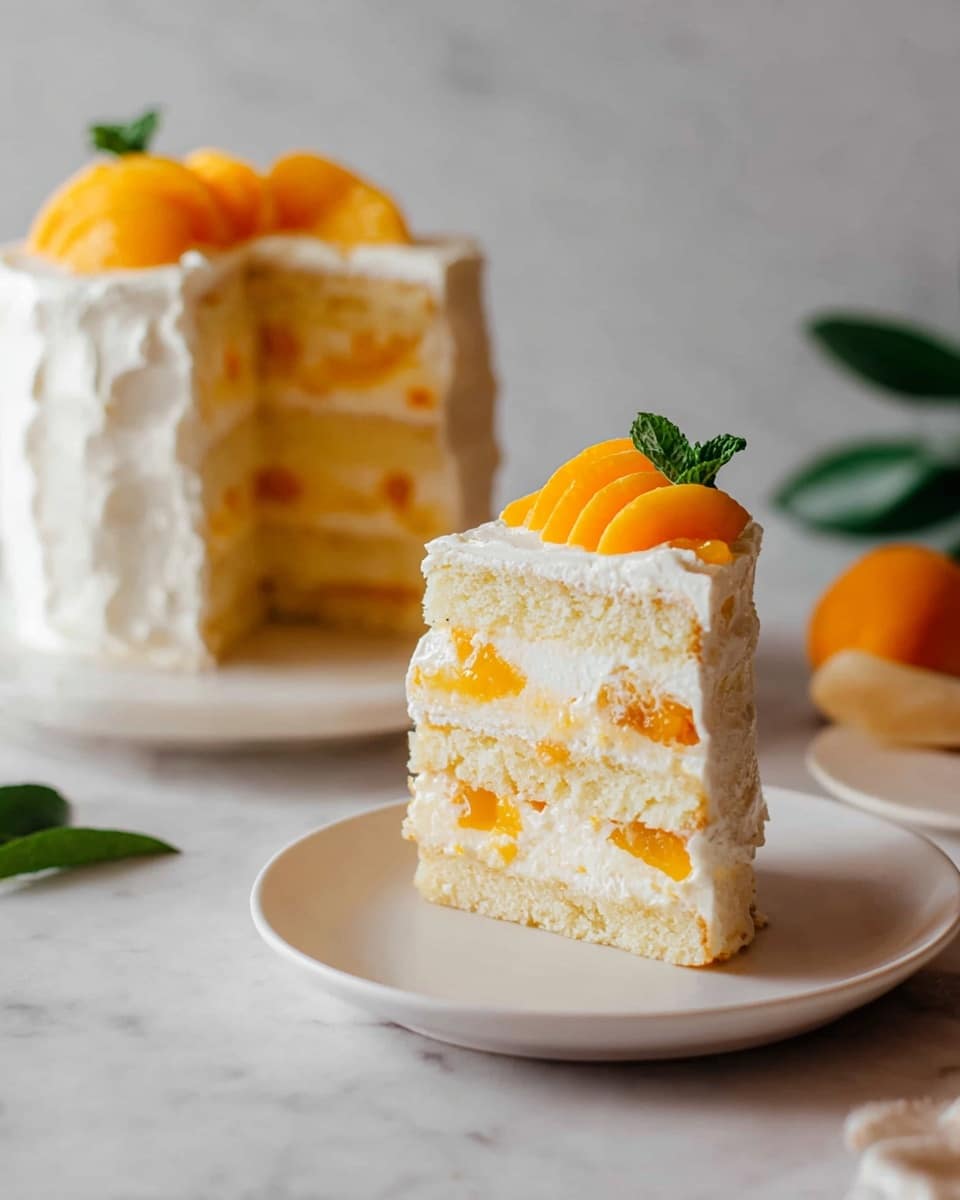 A small, four-layer cake is shown with light yellow sponge cake layers alternating with creamy white frosting and chunks of bright orange fruit inside each layer. The outside of the cake is covered in smooth white frosting with a slightly textured finish. On top, there are slices of orange fruit and a small green mint leaf as decoration. A single slice of the cake is placed on a white plate in the foreground, with a white marbled surface beneath and a soft, neutral background with some green leaves to the side. Photo taken with an iphone --ar 4:5 --v 7