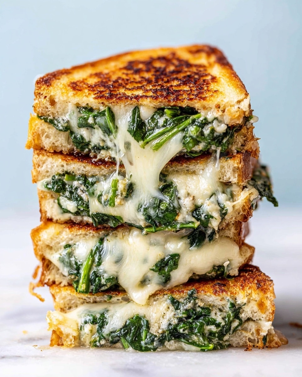 A close-up view of a stack of four grilled cheese sandwich halves on a white marbled surface with a light blue background. Each sandwich half has two layers of golden brown toasted bread with a crispy texture. Between the bread layers is a creamy, melted white cheese layer mixed with vibrant green cooked spinach leaves, which show some moisture and soft texture. The spinach and cheese mixture is thick and slightly oozing out from the sides, creating a rich, gooey look. The stack is arranged vertically, with each piece slightly offset, showing the detailed green and white filling inside. photo taken with an iphone --ar 4:5 --v 7