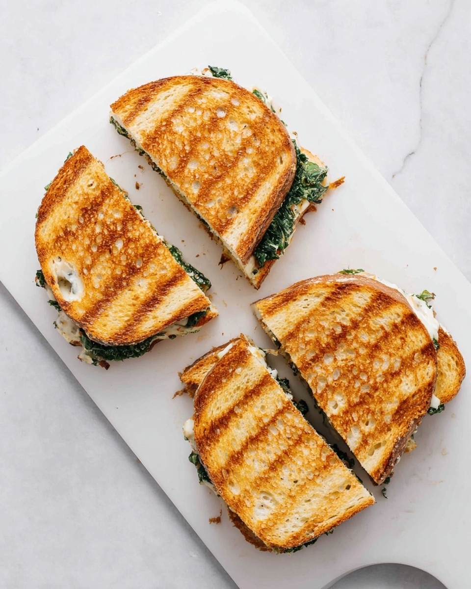 Two grilled sandwich halves are cut diagonally into four pieces on a white cutting board. Each sandwich has three layers: the top and bottom slices of bread are golden brown with a toasted texture, showing grill marks and small bubbles. The middle layer is a dark green filling, likely cooked spinach or kale, that peeks out slightly from between the bread slices. The white cutting board sits on a white marbled surface, giving a clean and simple look. photo taken with an iphone --ar 4:5 --v 7