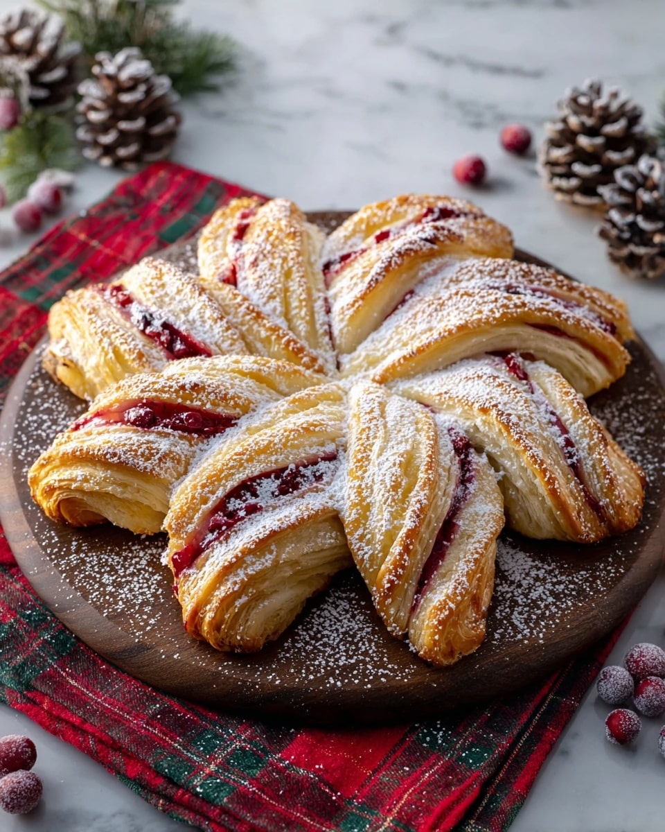 A star-shaped pastry with six twisted segments radiates from the center, each segment showing layers of golden-brown flaky dough twisted to reveal bright red berry filling inside. The pastry is lightly dusted with white powdered sugar that settles on the top of each layer and inside the folds. It rests on a round dark wooden board, which sits on a red and green plaid cloth, all placed on a white marbled surface. Around the board, there are scattered small pine cones and frosted cranberries, adding a festive feel. Photo taken with an iphone --ar 4:5 --v 7