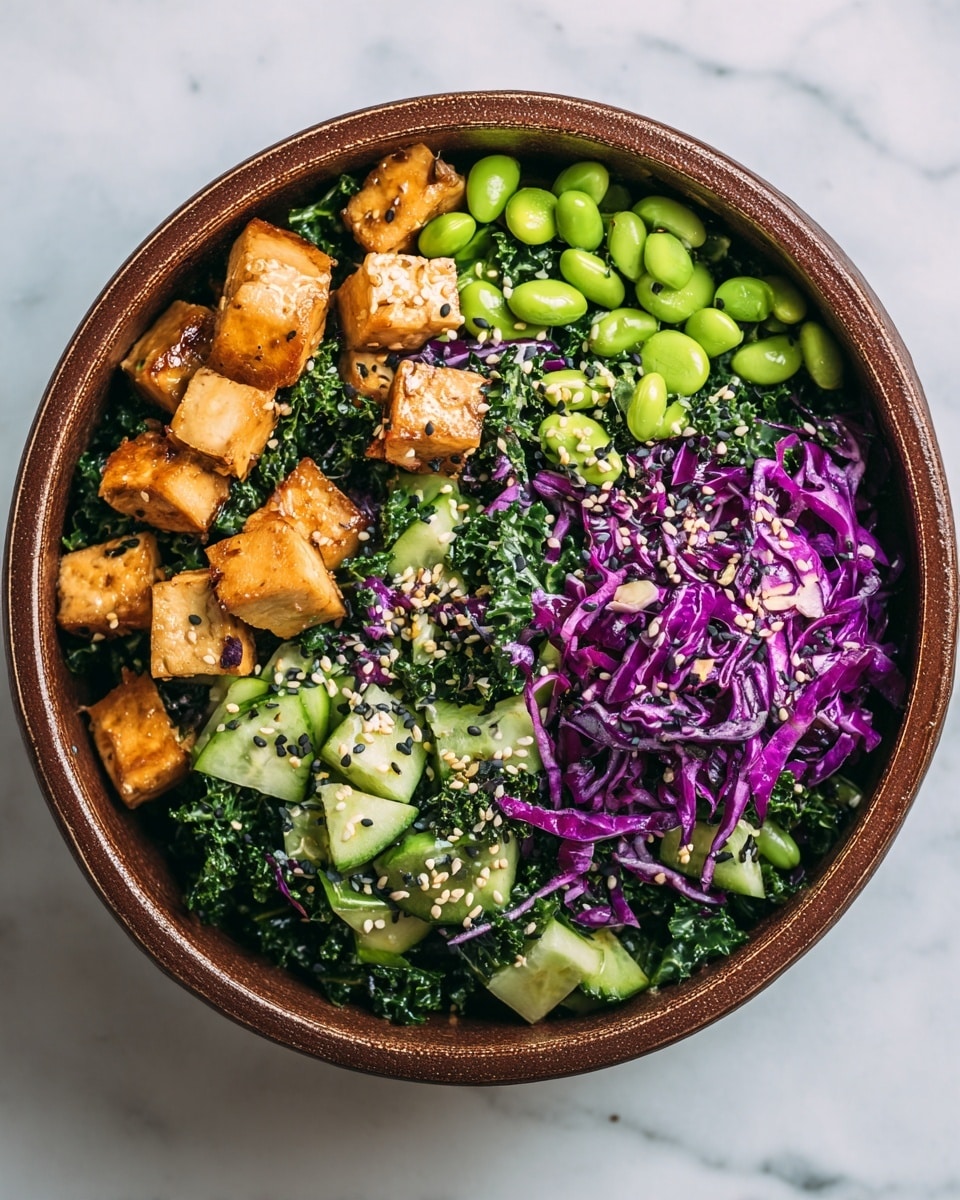 A top view of a brown bowl filled with a colorful salad on a white marbled texture. The salad has three main layers: the bottom layer is dark green kale with a rough, curly texture, the middle layer has bright green edamame beans and fresh green cilantro leaves scattered around, and the top layer is made up of shiny, deep purple cabbage pieces mixed with chopped peanuts and sesame seeds sprinkled all over. The colors contrast well, making the dish look fresh and healthy. photo taken with an iphone --ar 4:5 --v 7
