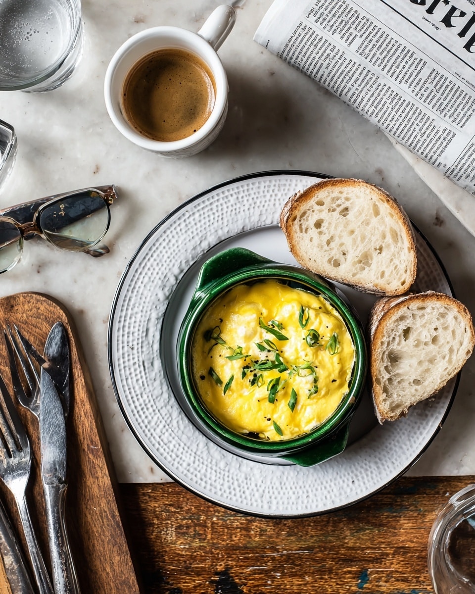A small green ceramic pot sits in the center of a white plate with a textured pattern and black rim. Inside the pot is a fluffy, bright yellow scrambled egg dish garnished with small pieces of fresh green herbs. Two slices of airy, pale bread with a crusty edge rest on the side of the pot, leaning on the plate's rim. A white cup filled with medium brown coffee is placed just above the plate. To the left, a glass of water catches light and silver spoon and fork are laid beside it on a rough wooden surface. On the right side, a folded newspaper with glasses resting on top adds a casual morning vibe. The entire scene is set on a white marbled textured offset. photo taken with an iphone --ar 4:5 --v 7