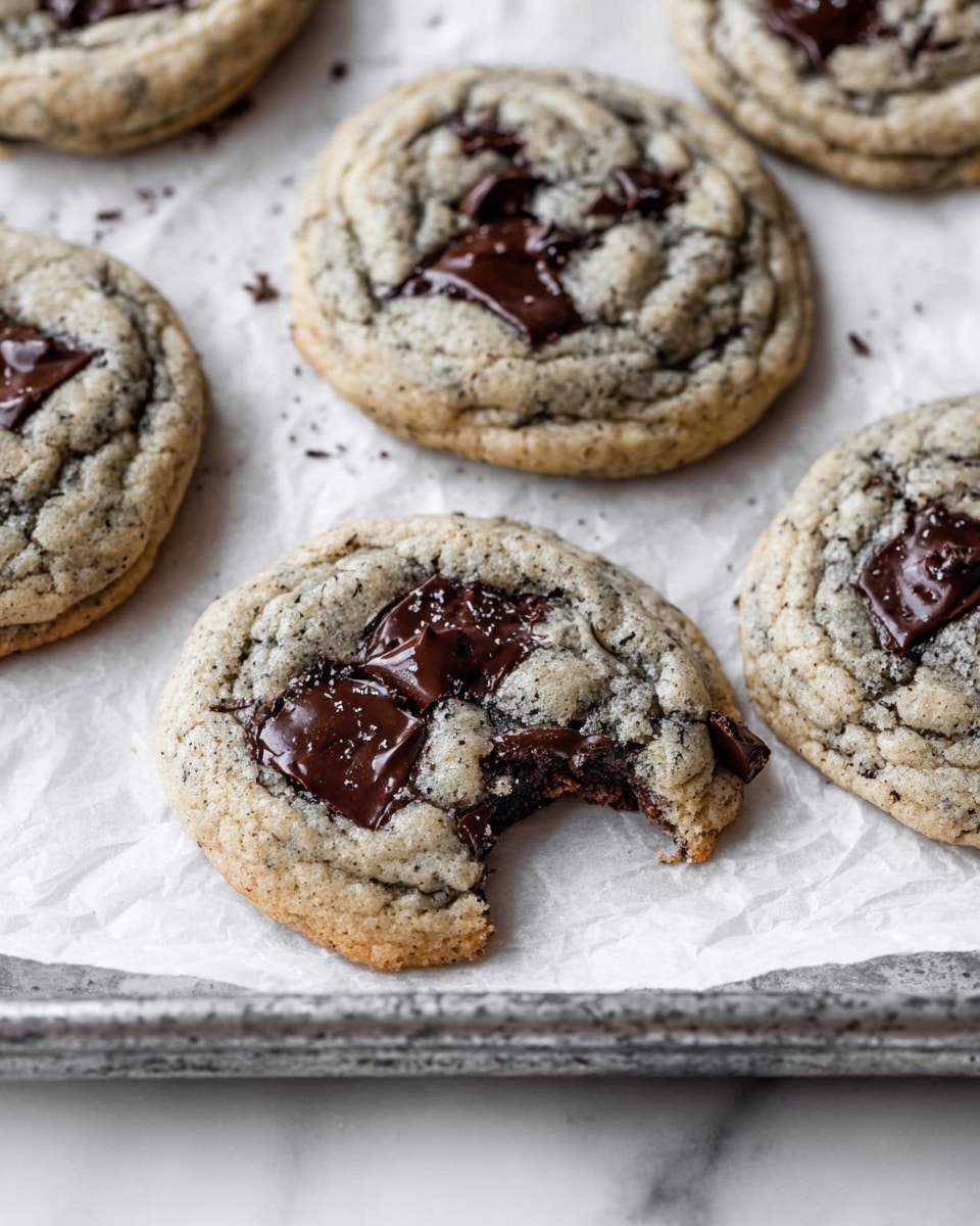 A close-up of five thick, round cookies with a light gray color and a soft, slightly cracked texture. Dark brown, melted chocolate chunks are scattered unevenly on the top of each cookie, with one cookie partially broken, showing gooey melted chocolate inside. The cookies rest on white baking paper placed on a metal tray with a shiny edge. The background surface is white marble with soft gray veins. photo taken with an iphone --ar 4:5 --v 7