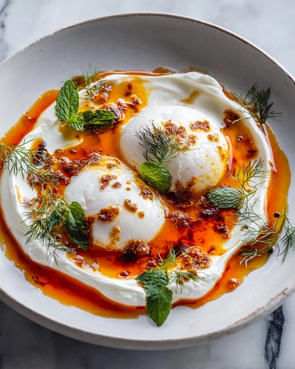 A white plate holds two white poached eggs with smooth, soft textures, placed side by side in the center. The eggs rest on a thick, creamy white yogurt layer spread around them in a circular shape. Bright red-orange chili oil is drizzled over the eggs and yogurt, creating a striking contrast with some small browned, crispy bits in the oil. Fresh green herb sprigs, including dill and mint, are scattered on the yogurt and near the eggs, adding a fresh touch. The plate sits on a white marbled surface. photo taken with an iphone --ar 4:5 --v 7