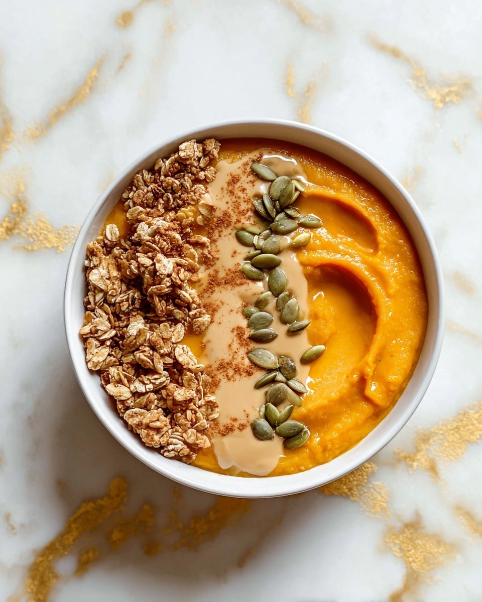 A white bowl filled with bright orange pumpkin puree forms the base layer, smooth with a visible scoop indentation on one side. On the left half of the bowl, a layer of granola with oats and nuts sits on the pumpkin puree. A drizzle of creamy peanut butter crosses over the granola and pumpkin, with a light dusting of cinnamon powder near the center of the bowl. Scattered green pumpkin seeds add texture on top of the peanut butter and puree. The bowl rests on a white marbled surface with golden streaks. Photo taken with an iphone --ar 4:5 --v 7
