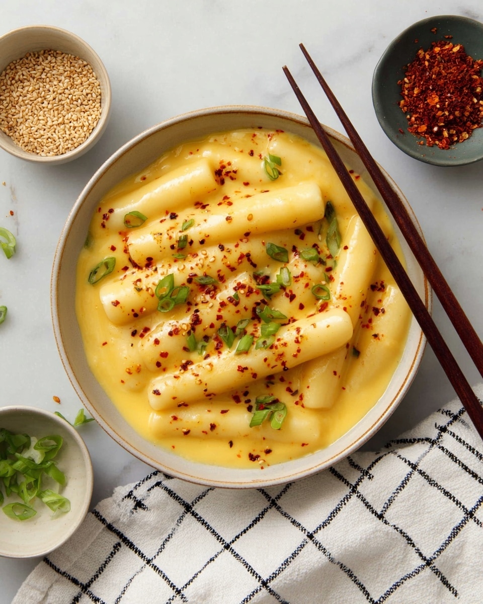 A white bowl filled with thick, smooth, yellow sauce covering soft, tube-shaped rice cakes with a slightly glossy texture, sprinkled with small green onion pieces and red chili powder on top. Two dark brown chopsticks rest on the edge of the bowl. Nearby, two small white bowls contain sesame seeds and red chili flakes, all placed on a white marbled surface with a white cloth that has black grid lines. Photo taken with an iphone --ar 4:5 --v 7