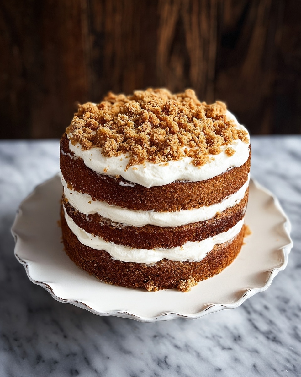 A three-layer cake sits on a white plate with scalloped edges, each layer made of a rich brown cake separated by thick, soft white cream. The top layer is covered with the same smooth white cream and sprinkled generously with coarse, crumbly golden brown topping. The background is a dark wood texture, and the surface under the plate is a white marbled texture. photo taken with an iphone --ar 4:5 --v 7