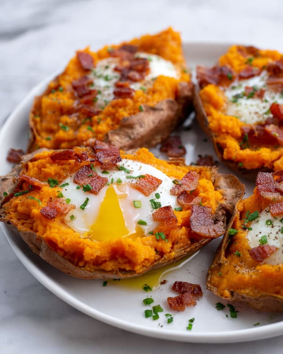 The dish shows three baked sweet potato halves on a white plate, each filled with a soft, creamy layer of bright orange mashed sweet potato topped with a white cooked egg, its yolk golden yellow and slightly runny in the center. Small bits of crispy reddish-brown bacon and green chopped herbs are scattered on top of the eggs and potatoes. The white plate is set on a white marbled surface, highlighting the warm colors of the sweet potatoes. The textures are soft and smooth on the mashed sweet potato, contrasting with the glossy, slightly wet eggs and crunchy bacon. photo taken with an iphone --ar 4:5 --v 7