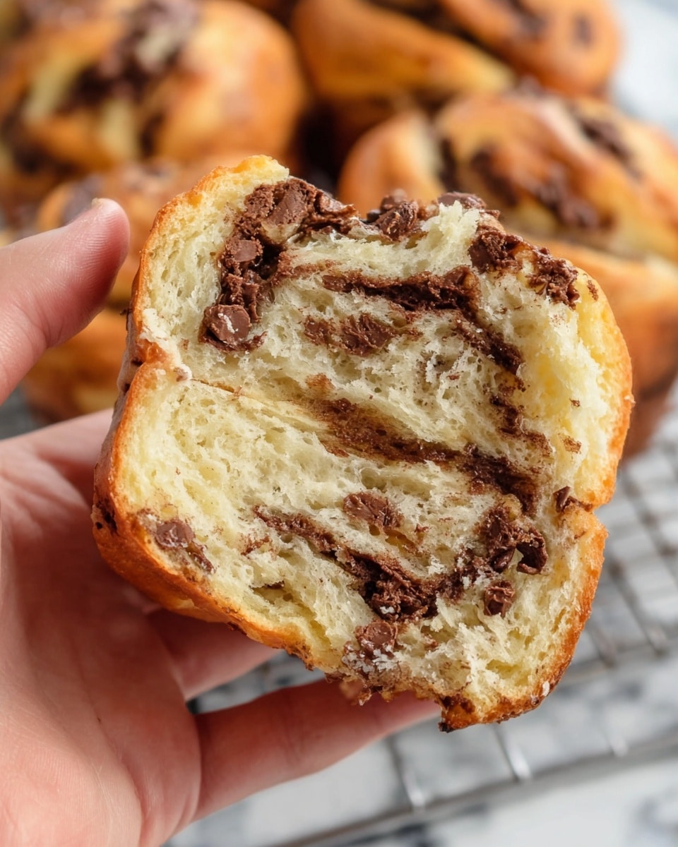 A close-up image shows a woman's hand holding a split chocolate chip bun. The bun has one visible layer that is light golden brown on the outside, with a soft and fluffy inside that is off-white and light beige. Thick swirls of melted dark brown chocolate chips are unevenly spread throughout the interior, creating a marbled effect. The texture appears airy and moist, with the bun's edges slightly crisped. In the background, more buns are out of focus, resting on a metal rack over a white marbled surface. Photo taken with an iphone --ar 4:5 --v 7