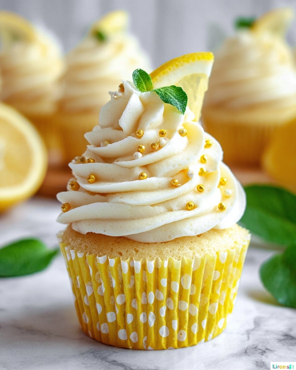A single cupcake with a light yellow cake base wrapped in a yellow polka dot paper liner sits on a white marbled surface. On top, there is a thick swirl of creamy white frosting with soft, ruffled edges, decorated with small golden round sprinkles and a small green leaf. A thin slice of lemon is placed upright at the back of the frosting swirl. In the background, blurred cupcakes with similar frosting can be seen along with some green leaves. Photo taken with an iphone --ar 4:5 --v 7
