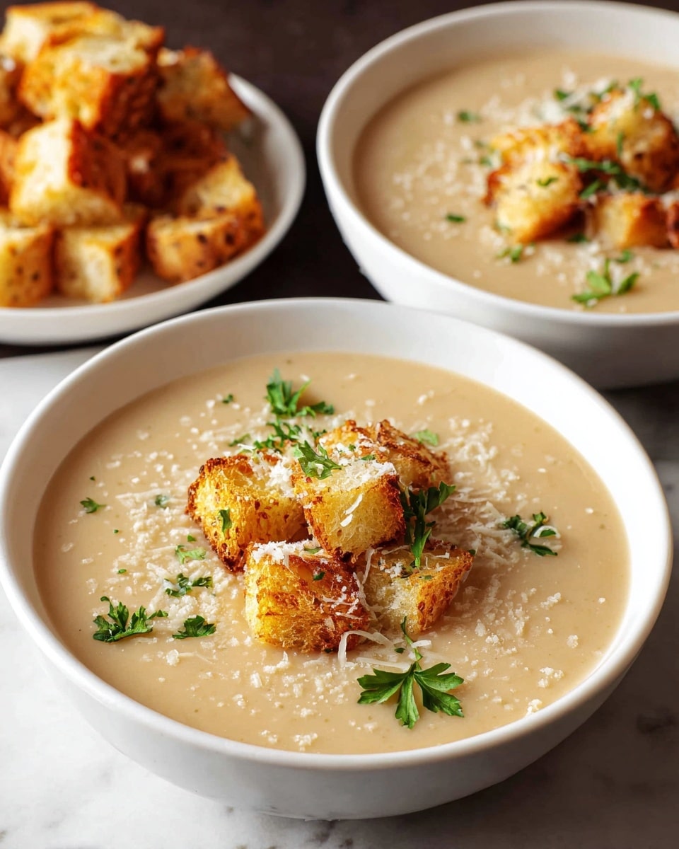 Two white bowls filled with smooth, creamy beige soup are placed on a white marbled surface. Each bowl contains a single layer of golden brown croutons scattered on top, adding a crunchy texture. The croutons are sprinkled with finely grated white cheese and small green parsley leaves, giving a fresh look. In the background, there is a white dish holding extra croutons that are crisp and toasted, with a glowing golden crust. The overall image has a warm and inviting feel, photo taken with an iphone --ar 4:5 --v 7