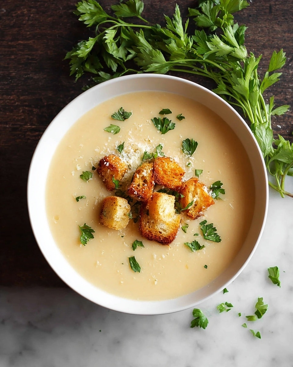 A white bowl filled with creamy beige soup is centered on a white marbled texture. On top of the soup, there are golden brown croutons scattered in the middle, some with a hint of crispness and toasted edges. Fresh green parsley leaves are sprinkled over the croutons and around them on the soup, adding bright green color spots. In the background, fresh sprigs of green herbs lay naturally on the white marbled surface. The photo taken with an iphone --ar 4:5 --v 7