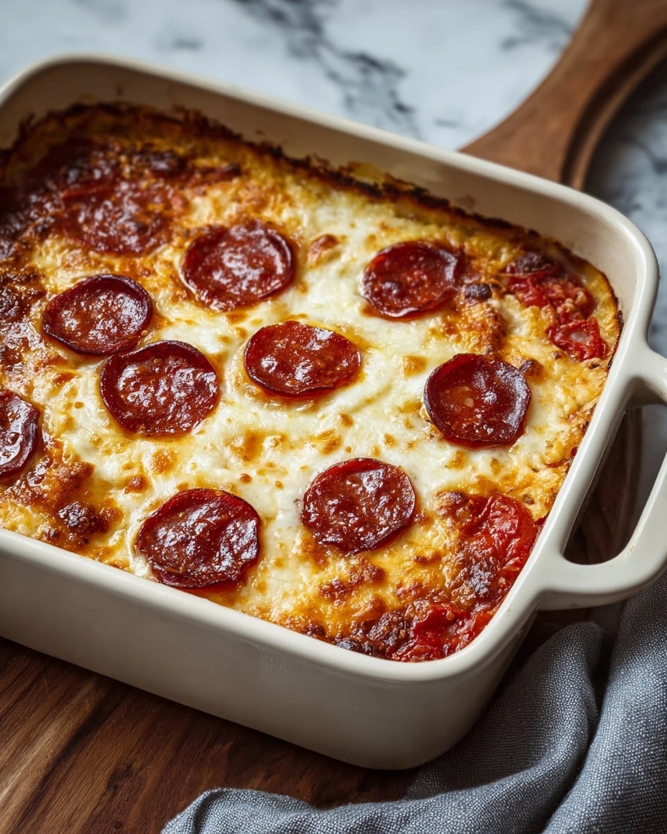 A baked dish in a white rectangular ceramic pan with handles on each side shows a top layer of melted, golden-brown cheese with areas where it is bubbly and slightly charred around the edges. On top of this layer, there are several round slices of dark red pepperoni, some with slightly curled edges and glistening with oil. The cheese beneath the pepperoni looks thick and creamy, with a blend of light yellow and white shades, indicating mozzarella or similar cheese. The pan is set on a wooden surface and partly on a grey cloth, with a white marbled background visible behind. Photo taken with an iphone --ar 4:5 --v 7