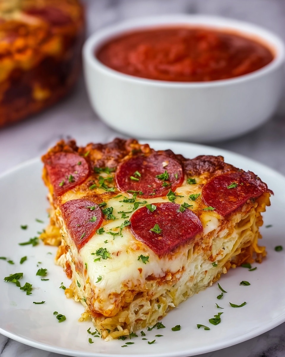 A thick single slice of lasagna is shown on a white plate with slightly crispy edges and a layered texture inside, featuring a golden-brown top layer covered with several bright red pepperoni slices sprinkled with chopped green herbs. The inside layers alternate creamy white cheese, speckled with small browned bits, and a textured pasta or noodle layer with some sauce visible. Next to the slice, on the plate, are scattered finely chopped green herbs. Behind the plate, a white bowl filled with chunky red marinara sauce sits on a white marbled surface, adding color contrast to the scene. Photo taken with an iphone --ar 4:5 --v 7