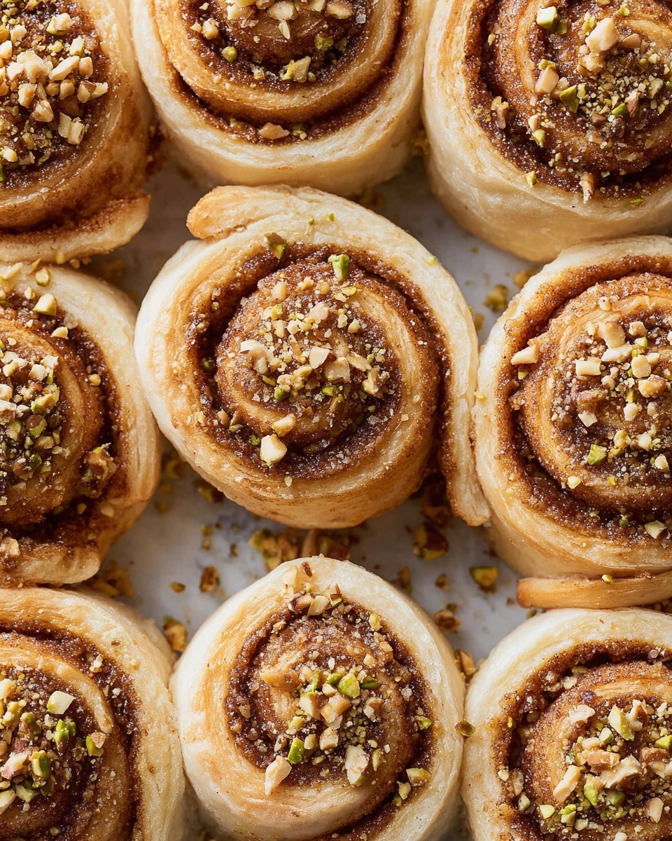 This image shows a close-up view of several cinnamon rolls arranged tightly together. Each roll has two main layers: a light golden-brown, soft, and fluffy dough forming the outer spiral, and a darker, textured cinnamon filling in the inner spiral. The filling is speckled with chopped mixed nuts, adding small pops of green and brown colors on top, giving a crunchy appearance. The cinnamon rolls are placed on a white marbled textured surface. Photo taken with an iphone --ar 4:5 --v 7