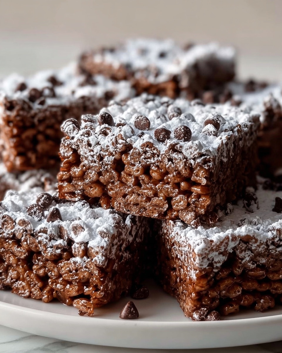The image shows several square-shaped rice crispy treats stacked on a white plate, placed on a white marbled surface. Each treat has two visible layers: the bottom layer is a dense, dark brown crispy rice mixed with chocolate, and the top layer is thick melted chocolate with scattered chocolate chips embedded within it. A light dusting of white powdered sugar covers the top of the treats, creating a soft texture contrast against the shiny chocolate. The treats appear moist and sticky, with chocolate chips clearly visible throughout photo taken with an iphone --ar 4:5 --v 7