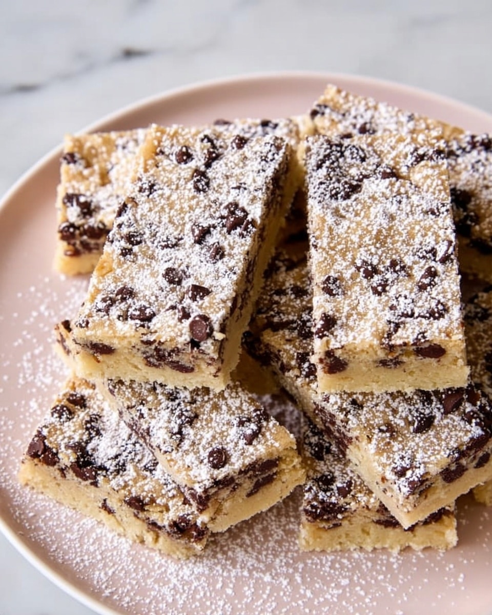 Rectangular cookie bars arranged in two slightly overlapping rows on a white plate, each bar having a light golden-brown base filled with many small, dark chocolate chips scattered throughout, topped with a light dusting of white powdered sugar that creates a soft contrast. The texture of the bars looks smooth with visible soft edges, and the background shows a white marbled surface. Photo taken with an iphone --ar 4:5 --v 7