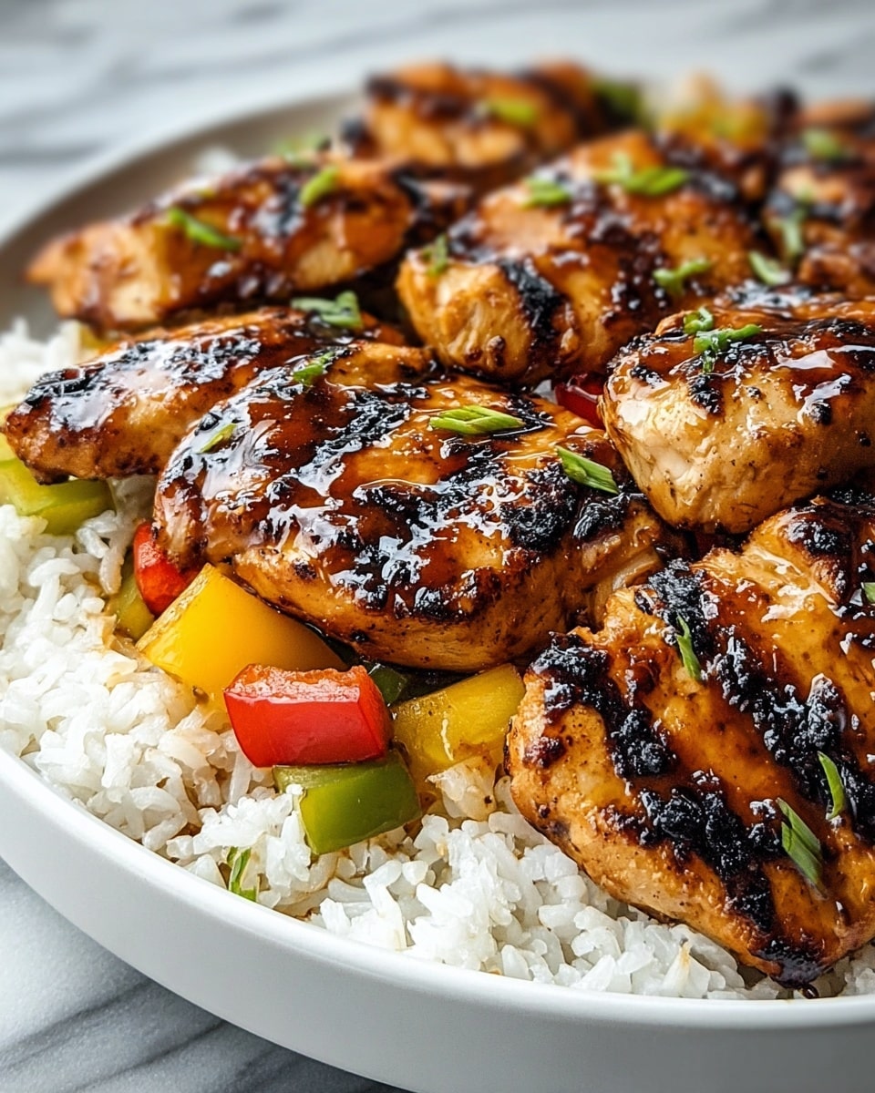 The dish shows a white bowl filled with a base layer of fluffy white rice. On top, there are several pieces of grilled chicken breast with visible char marks, giving a dark brown and caramelized look. The chicken pieces are glazed with a shiny, slightly sticky sauce and mixed with small chunks of cooked bell peppers in red, yellow, and green colors scattered between the chicken pieces. The bowl is set on a white marbled surface. photo taken with an iphone --ar 4:5 --v 7