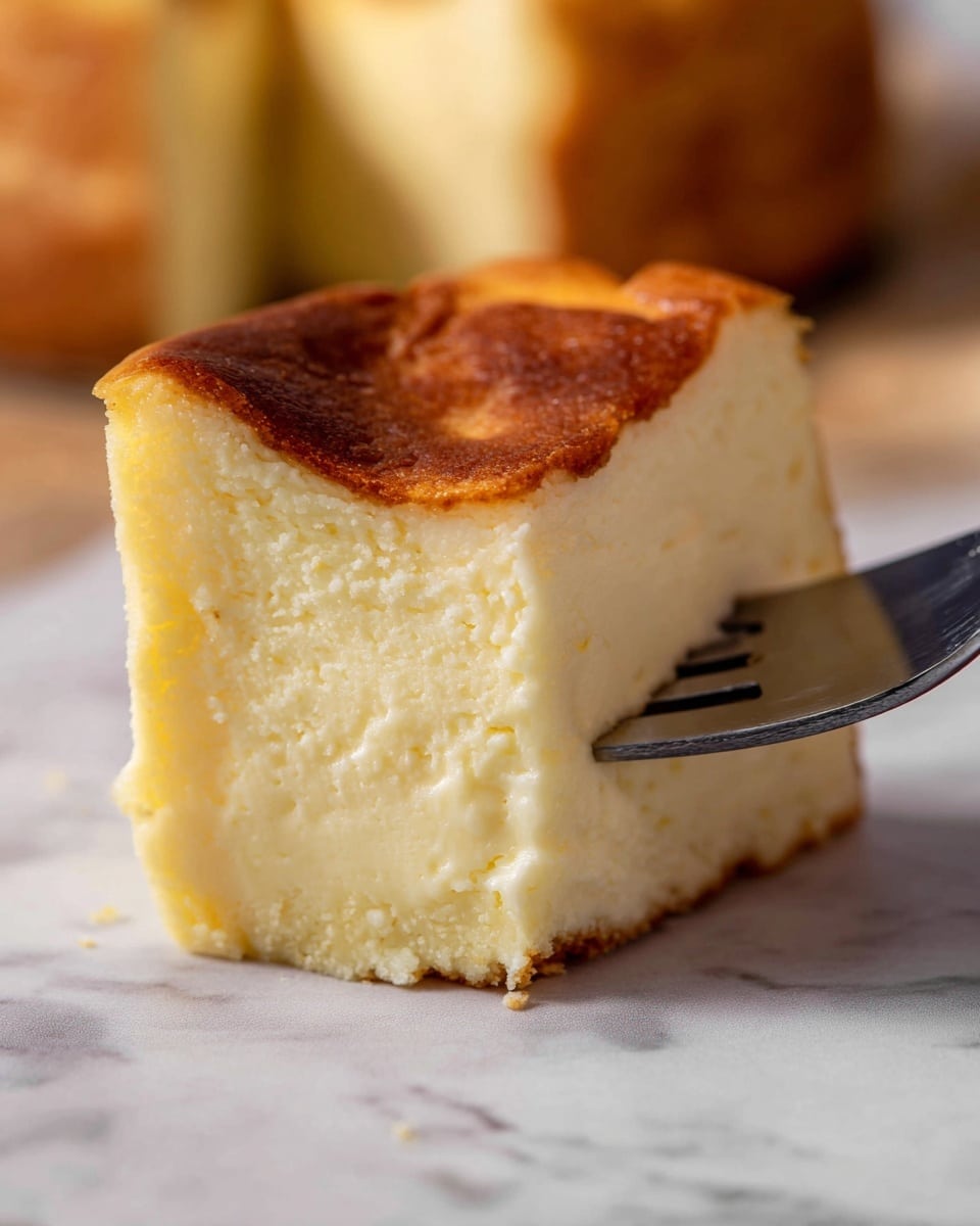 A close-up image of a thick slice of creamy cheesecake with a smooth pale yellow inside and a darker golden-brown top layer. The cheesecake is partly lifted by a fork on the right side, showing its soft and dense texture. The background has a soft blur effect with a white marbled texture beneath, making the cheesecake stand out. The edges of the slice are clean and slightly crumbly at the bottom. photo taken with an iphone --ar 4:5 --v 7