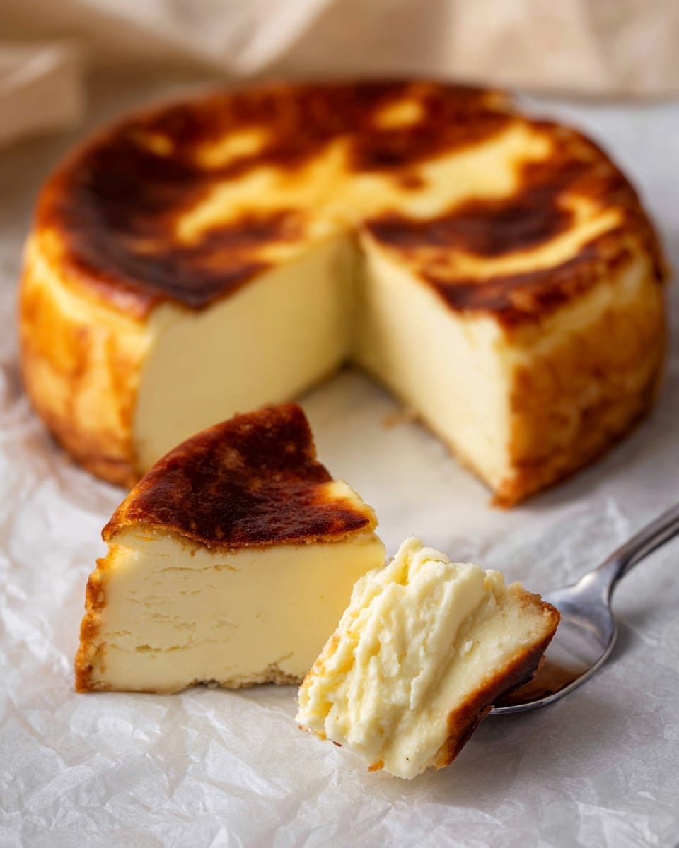 A round cheesecake with a thick, smooth, pale yellow inside and a golden brown, slightly burnt top crust sits on a piece of white parchment paper over a white marbled texture. One triangular slice, showing the same creamy, soft texture and browned edges, is placed in front of the whole cake. A close-up fork holds a small bite-sized piece of cheesecake, focusing on the creamy inside and browned edges. The background is softly blurred. Photo taken with an iphone --ar 4:5 --v 7
