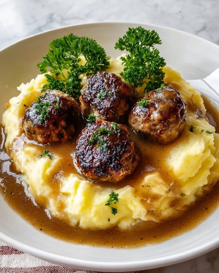 Salisbury Steak Meatballs with Garlic Herb Mashed Potatoes Recipe