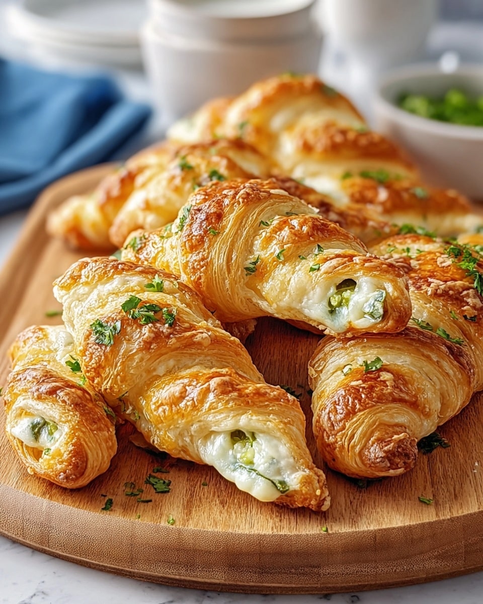 The image shows several golden-brown croissants with a flaky and crispy outer layer, each filled with a creamy white cheese and slices of green jalapeño pepper. The croissants are twisted with visible layers of puff pastry and have a slightly shiny, baked texture with small bits of melted cheese on top. Fresh green parsley pieces are sprinkled over the cheese filling, adding a pop of color. The croissants rest closely together on a wooden board, placed on a white marbled surface with a blurred background of white bowls and blue fabric. photo taken with an iphone --ar 4:5 --v 7