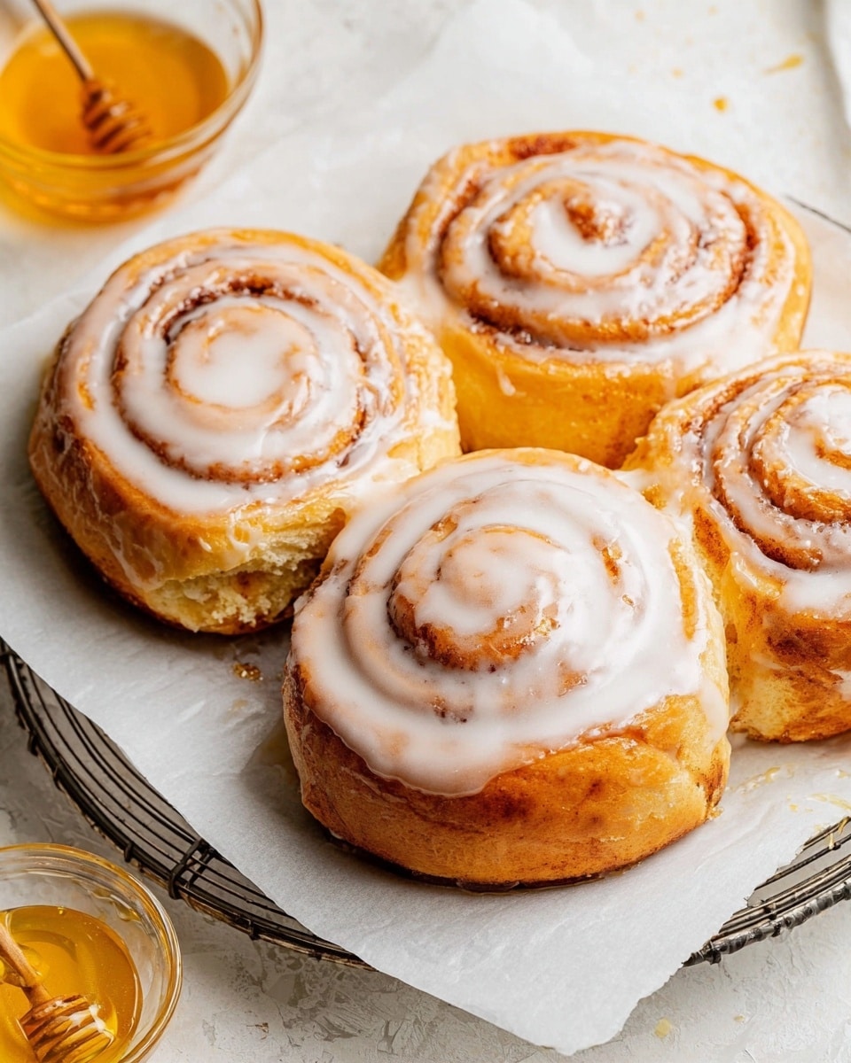 Four cinnamon rolls are placed close on a white plate lined with white parchment paper. Each roll has a golden-brown baked dough layer with visible spiral swirls of cinnamon inside, topped with a smooth, glossy white icing layer that follows the spiral pattern. The rolls have a soft, fluffy texture with shiny, slightly sticky glaze spots. The plate sits on a wire rack on a white marbled surface, and a small clear glass bowl filled with golden honey is visible near the bottom right corner. Photo taken with an iphone --ar 4:5 --v 7
