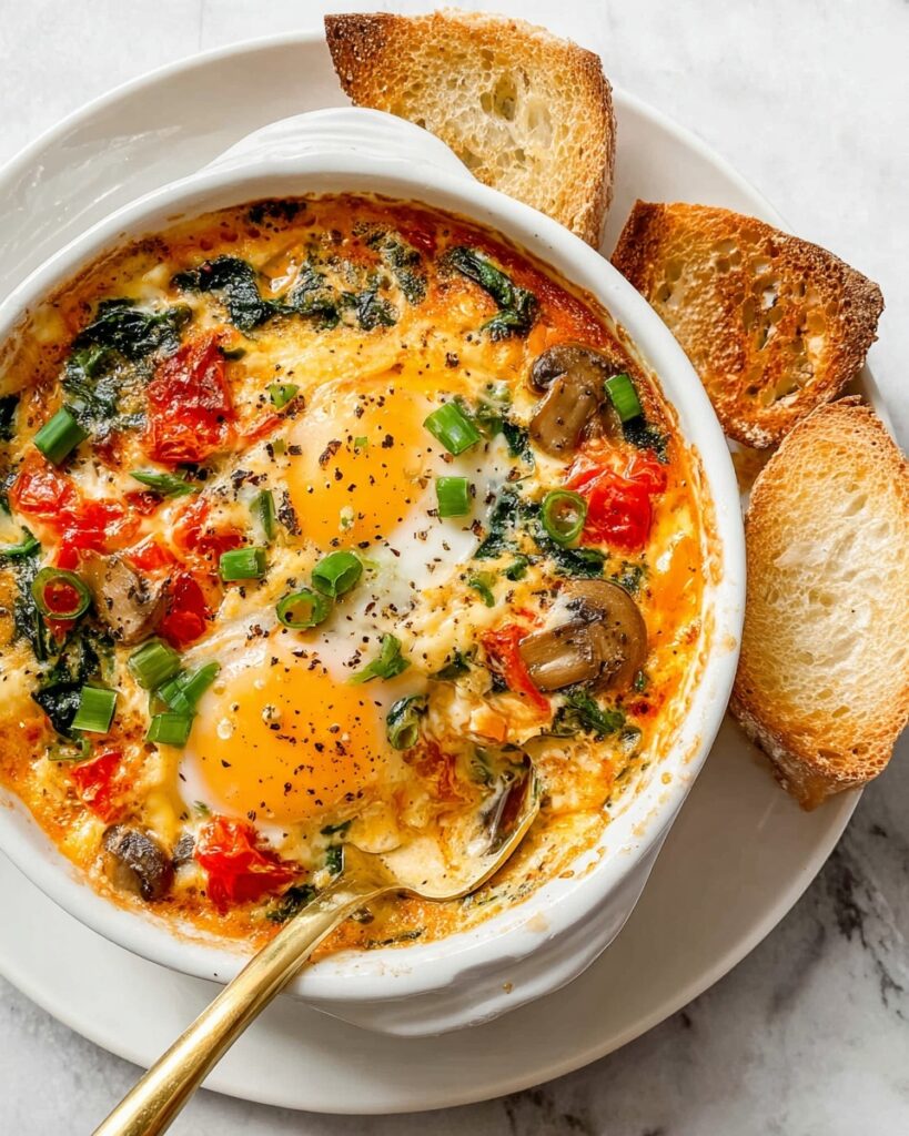 Baked Feta Eggs with Roasted Vegetables and Spinach Recipe