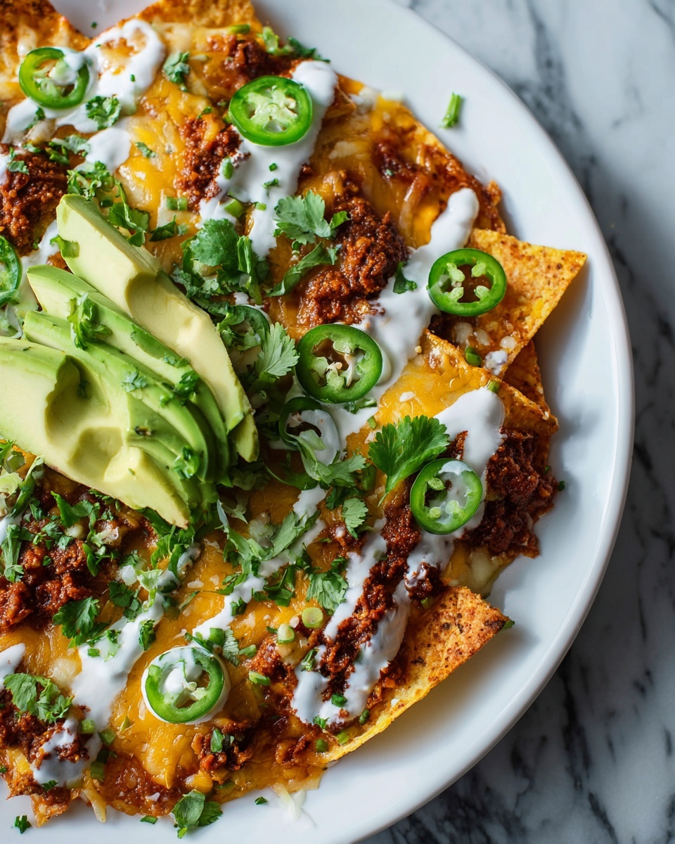A close-up of a layered dish on a white plate, featuring a base layer of melted golden cheese spread evenly on a crispy tortilla. On top, there are scattered crunchy tortilla chips with browned cheese, small spoonfuls of chunky brown chili, and thin slices of bright green jalapeños. Fresh green cilantro leaves are sprinkled over, adding lively color. Generous slices of creamy yellow-green avocado sit on top, with thick white sour cream drizzled across the whole dish in loose lines. The background shows a white marbled texture. photo taken with an iphone --ar 4:5 --v 7
