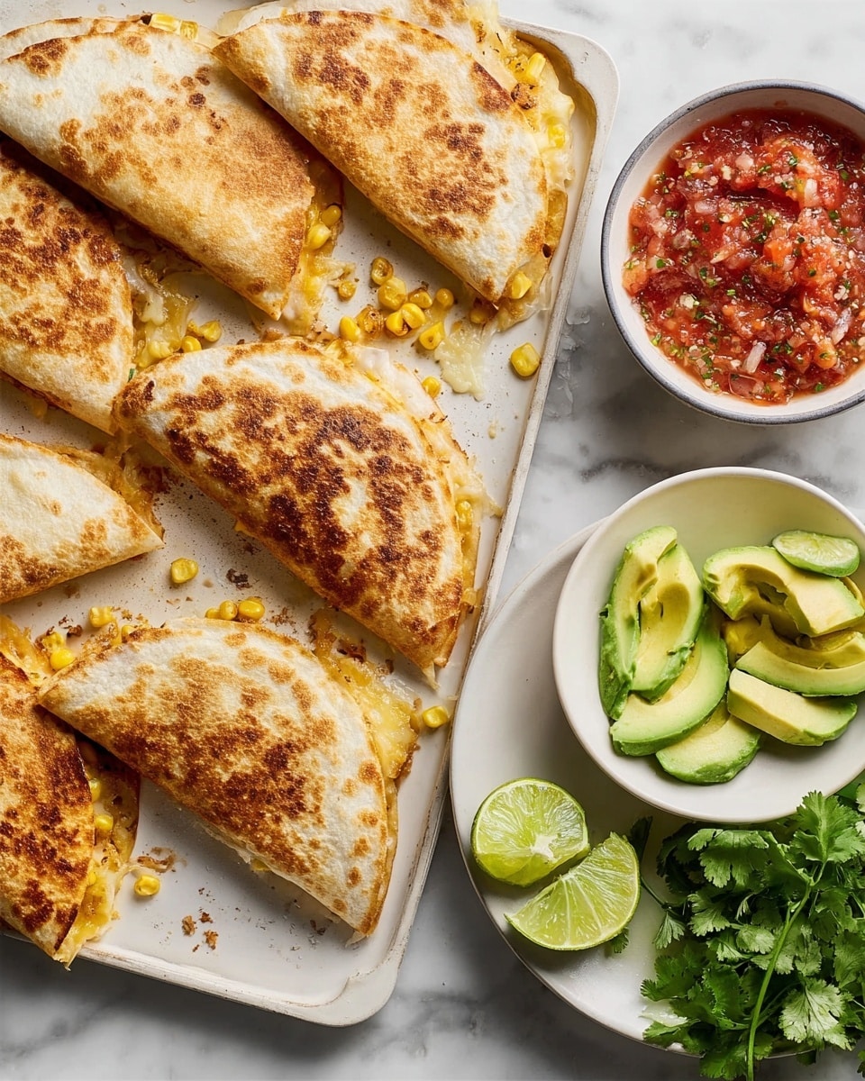 The image shows a stack of golden brown quesadillas on a white plate, with each quesadilla folded in half, showing a thin, crispy outer layer with small green herb bits sprinkled on top. Inside, the filling is visible in some parts, appearing as a mix of melted cheese and small pieces of chicken or vegetables with a slightly orange tint. Behind the quesadillas, there are slices of green lime and a small white bowl filled with a creamy brown sauce. The plate is set on a white marbled surface. Photo taken with an iphone --ar 4:5 --v 7