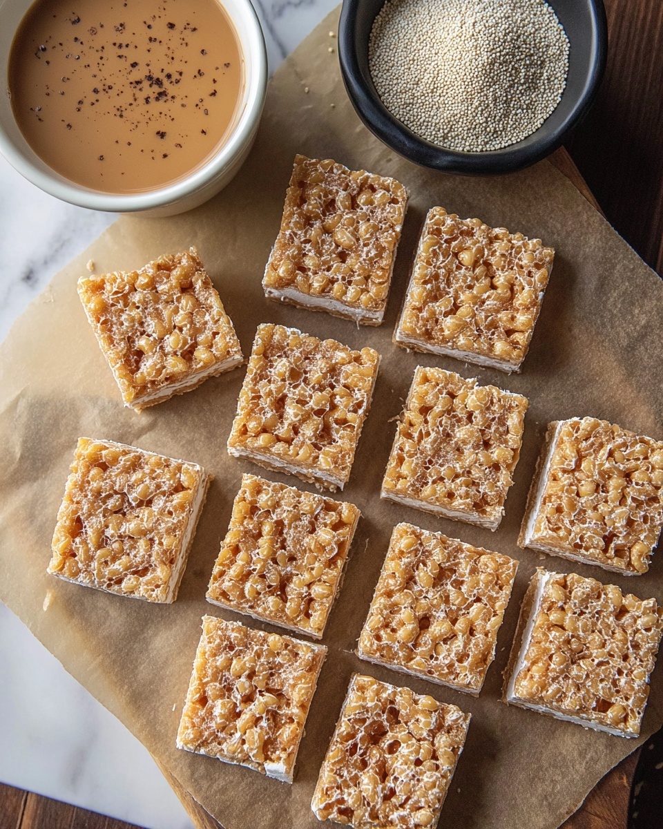 The image shows twelve square pieces of a crispy treat arranged in three rows and four columns on a piece of parchment paper. Each piece has a golden brown, bubbly texture on top with a light layer of white marshmallow coating. To the left, there is a white bowl filled with a light brown sauce with small darker specks, and to the upper right, a black bowl contains an off-white grainy ingredient. The background is a white marbled texture underneath the setup. photo taken with an iphone --ar 4:5 --v 7