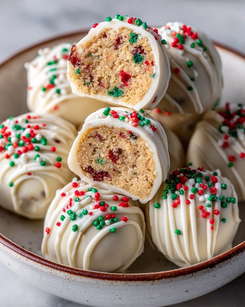 A close-up of round cake balls, about six in total, inside a white bowl with a brown rim, sitting on a white marbled surface. Each cake ball has three main layers: the inside crumb layer is light beige with small red and green candy bits mixed throughout, the middle layer is smooth white chocolate coating that covers each ball evenly, and the outer layer is decorated with small, round red, green, and white sprinkles scattered on top, adding texture and color contrast. One cake ball on top is cut in half, showing the inner crumb texture and colorful bits inside. The balls have thin white chocolate drizzles on the surface creating a subtle swirl pattern. photo taken with an iphone --ar 4:5 --v 7