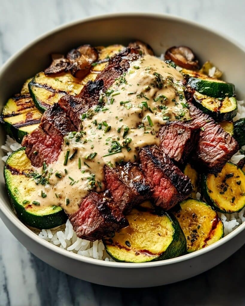 Grilled Steak Bowl with Herb Sauce and Grilled Zucchini Recipe