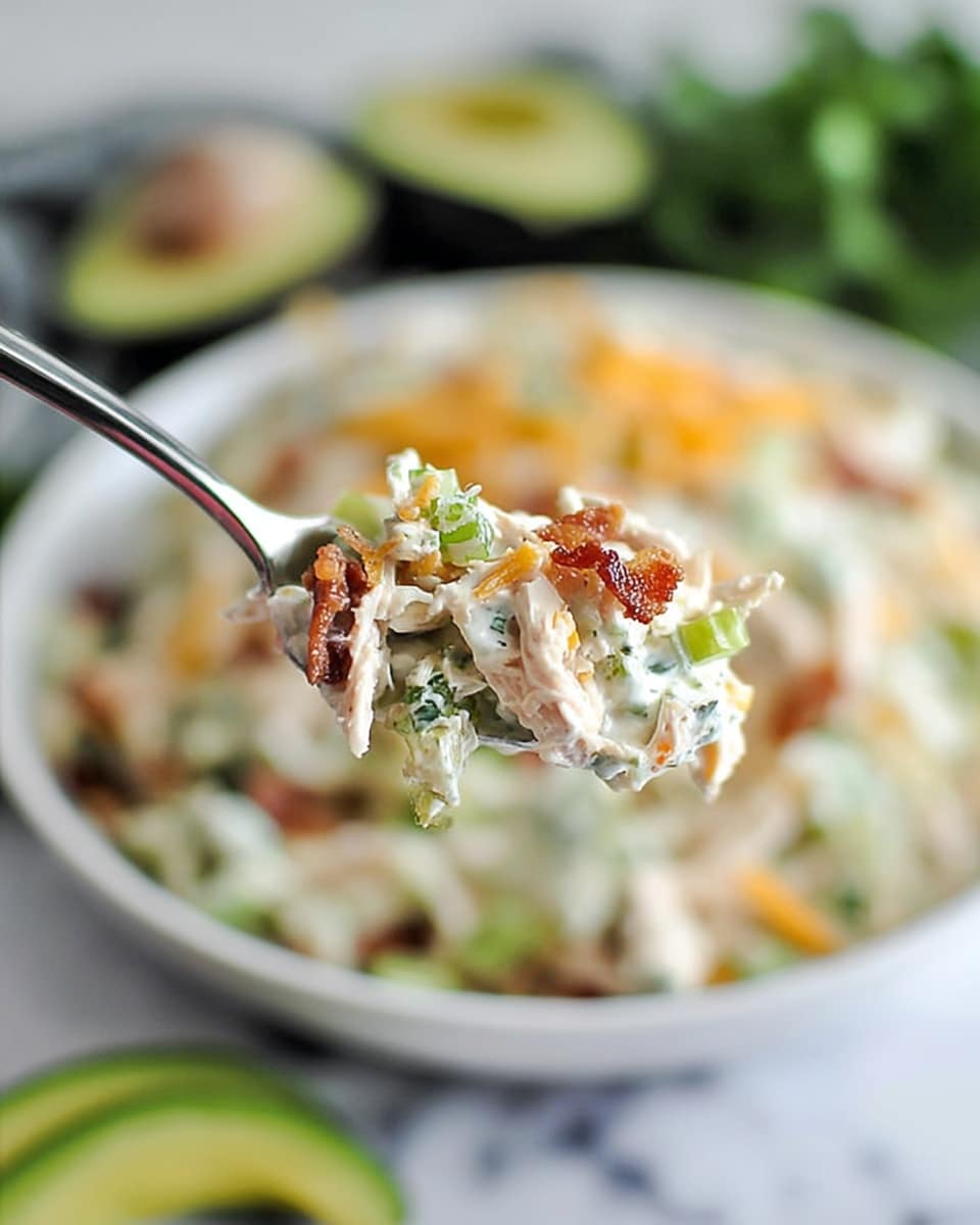A close-up of a spoon holding a creamy salad mixture made of small shredded chicken pieces, green celery bits, orange shredded cheese, and small crispy brown bacon bits, all mixed in a white creamy dressing. In the background, there is a shallow white bowl full of the same salad, placed on a white marbled surface. Some green avocado slices are seen partially at the bottom of the image. The image is softly lit with a fresh look, focusing tightly on the salad on the spoon. photo taken with an iphone --ar 4:5 --v 7