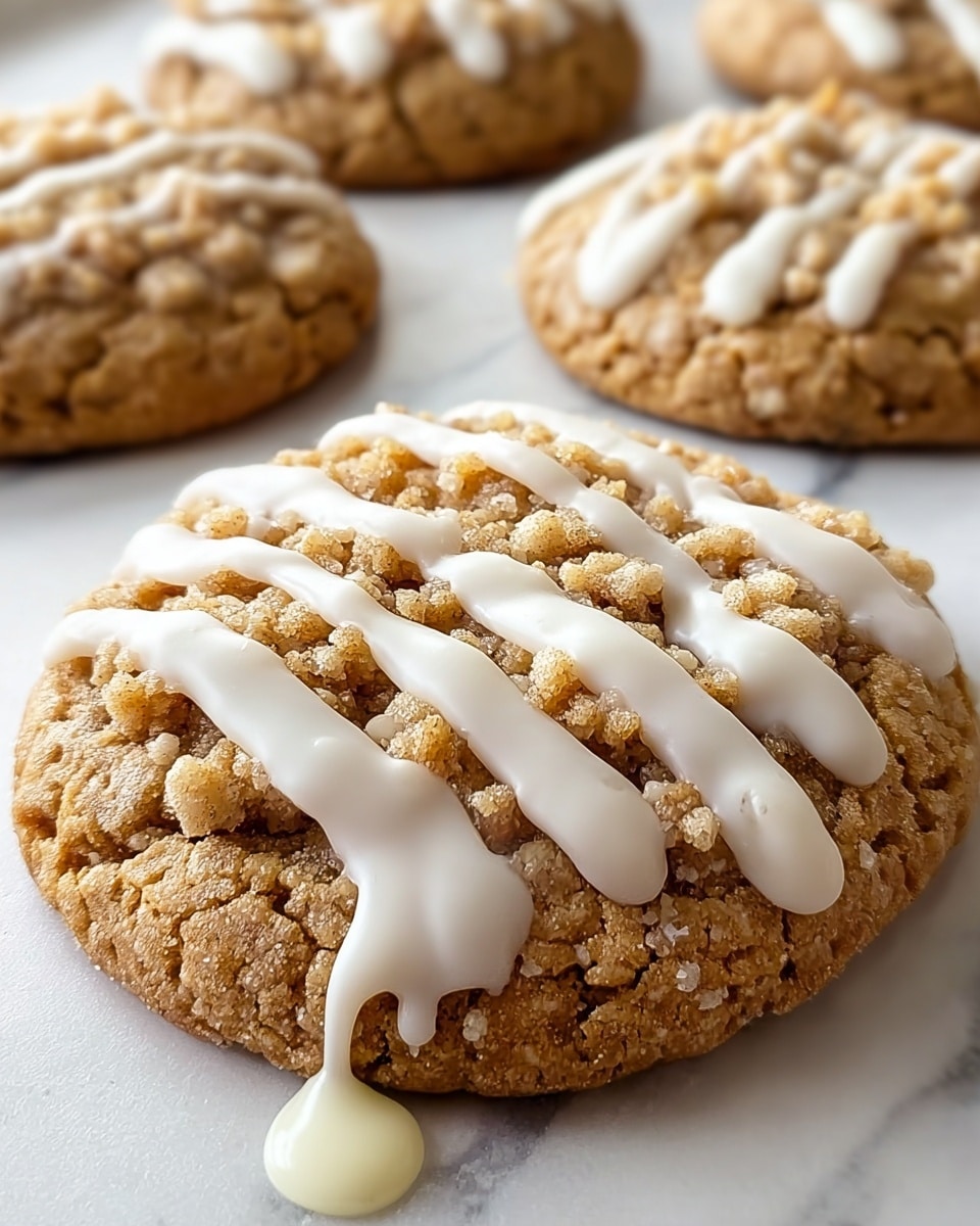 The image shows a close-up of a round cookie with three clear layers. The bottom layer is a cracked, light brown cookie base with a slightly rough texture. The middle layer has crumbly, golden-brown streusel topping scattered on top, creating a bumpy texture. The top layer has smooth white icing drizzled in wide, curved lines across the cookie and a small drop of icing near the edge. Other similar cookies are blurred in the background on a white marbled surface. photo taken with an iphone --ar 4:5 --v 7