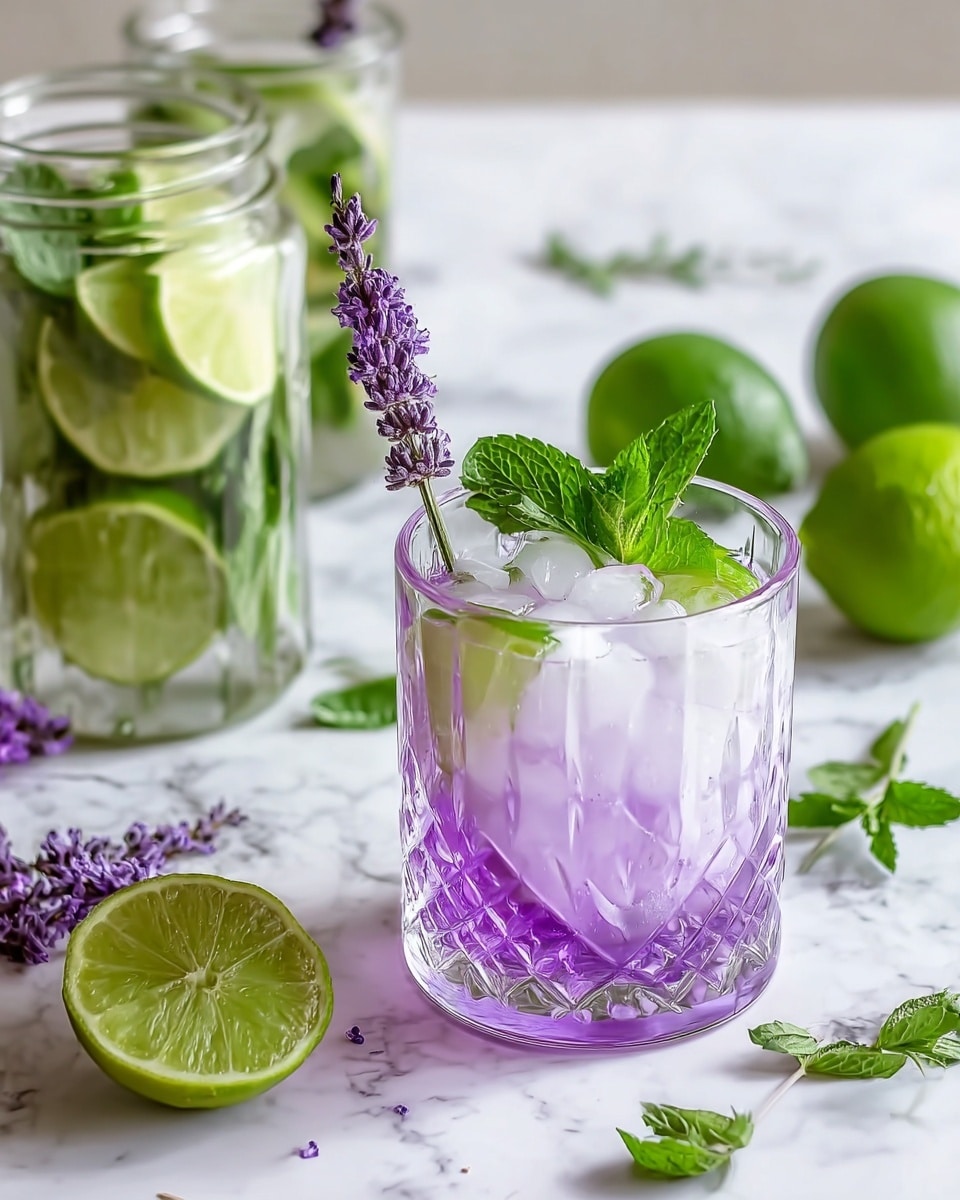 The image shows a clear glass with a diamond pattern filled with a light purple drink, with ice cubes floating on top. Inside the drink, there are fresh green mint leaves, and a green lime slice is placed on the rim of the glass next to a small purple lavender sprig. Behind the glass, there is a clear jar filled with lime slices and mint, and whole limes and lavender sprigs are scattered around the white marbled surface. The colors are bright with a fresh and clean look, making the drink appear refreshing and appealing. photo taken with an iphone --ar 4:5 --v 7