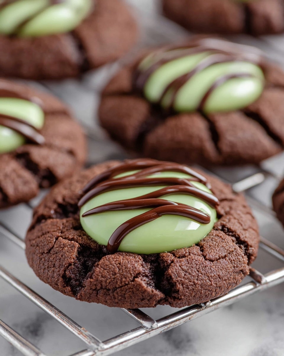 The image shows a close-up of three dark brown chocolate cookies with a rough, cracked texture. Each cookie has a smooth, shiny, light green circular disc placed in the center, which looks like soft icing or candy. On top of the green disc, there are three thin diagonal stripes of darker brown melted chocolate, adding a textured detail. The cookies are placed on a metal cooling rack with thin silver rods. The background is a white marbled texture, softly blurred to keep focus on the cookies. photo taken with an iphone --ar 4:5 --v 7