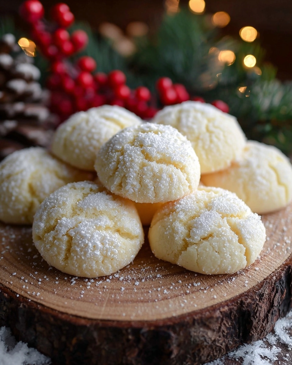 Seven round, pale yellow cookies with a soft, cracked surface are sprinkled with a white powdery sugar on top. They are arranged closely on a rustic wooden slab with visible tree rings and bark edges. The background includes blurred holiday decorations with a red berry cluster, green pine sprigs, and a pine cone, all set on a white marbled texture. The lighting is warm and soft, creating a cozy feel. photo taken with an iphone --ar 4:5 --v 7