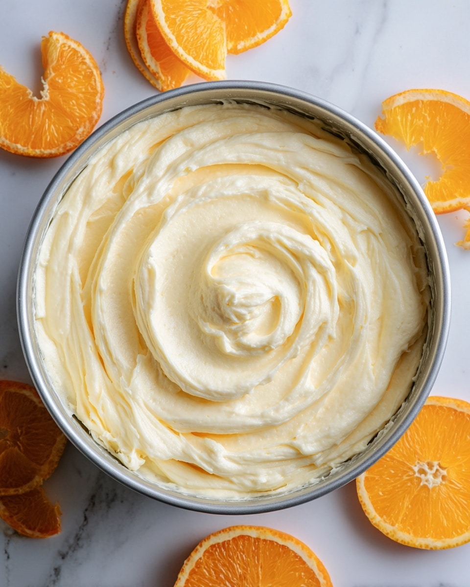 A metal bowl filled with one creamy, smooth layer of pale yellow whipped frosting, swirled in a circular pattern with soft peaks and ridges on top, placed on a white marbled surface. Around the bowl, there are three bright orange slices showing their juicy, segmented texture. The overall look is fresh and vibrant with a clean background. photo taken with an iphone --ar 4:5 --v 7