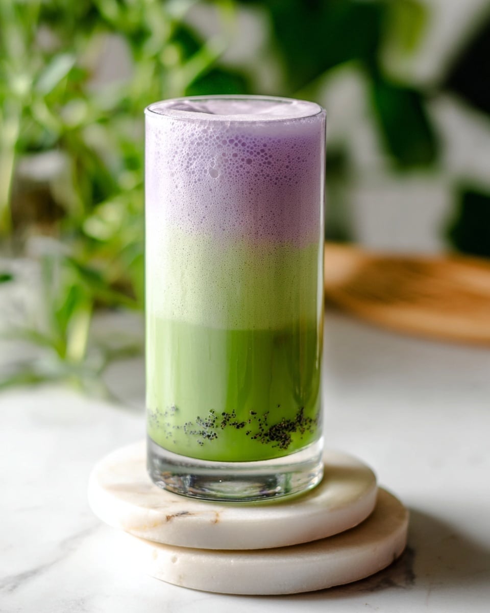 A tall clear glass filled with two distinct layers of drink: the bottom layer is a smooth, bright green liquid with tiny dark specks, making up about three-quarters of the glass, while the top layer is a light purple foam, slightly frothy and creamy, sitting on the green base. The glass is placed on two stacked white marble coasters, which rest on a white marbled surface. The background is softly blurred with some green plants visible in soft focus, adding a fresh and natural feel. photo taken with an iphone --ar 4:5 --v 7